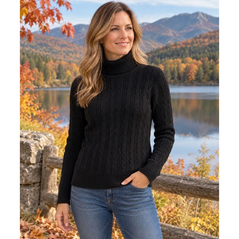 St John's Bay Women's L Black Cable Knit Turtleneck Cotton Nylon Sweater Casual